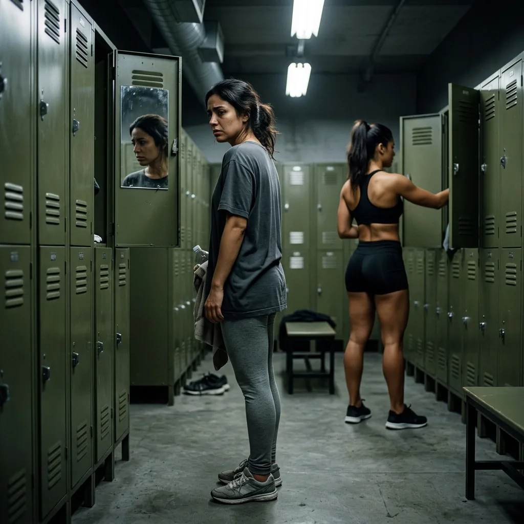 Mulher na academia frustrada olhando para o bumbum no espelho